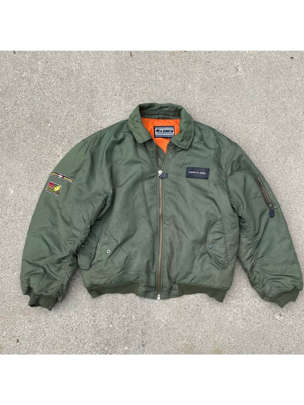 Vintage Y2K Clench 701 Jeans MA-1 Bomber Jacket Olive Orange Hip Hop Mens XL